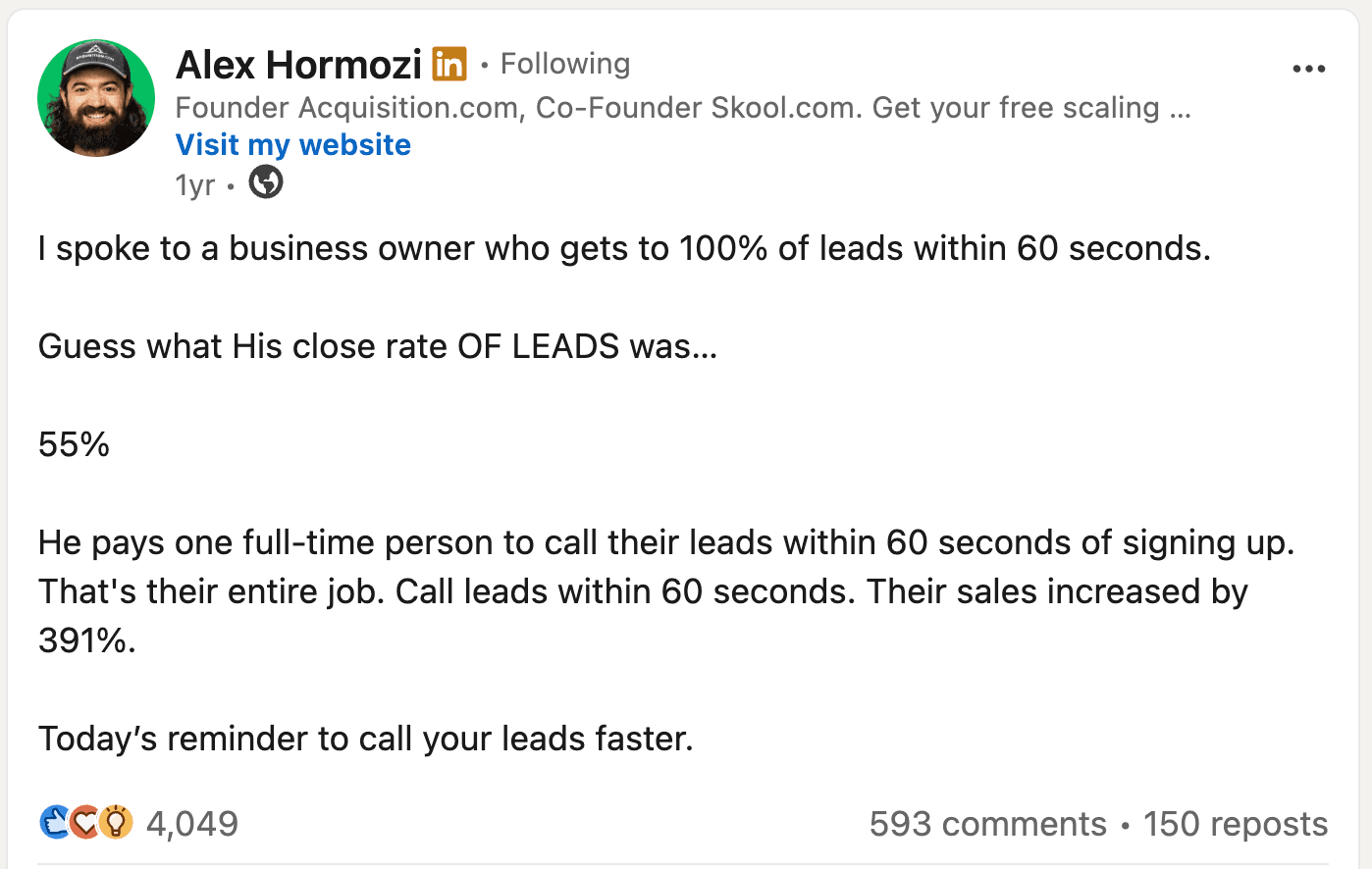 Alex Hormozi LinkedIn post: a business owner who calls leads within 60 seconds saw sales increase by 391%